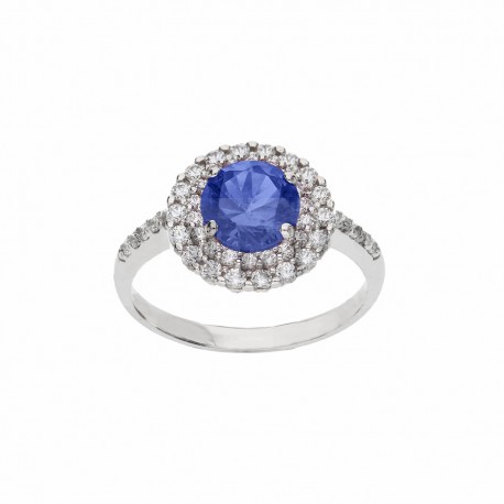 18 K fehérarany gyűrű kék kővel és fehér cirkóniákkal