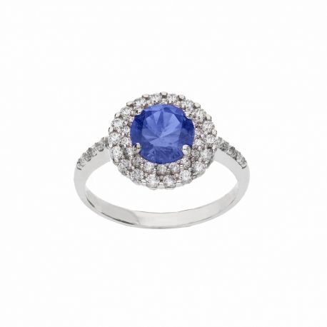 Anel em ouro branco 18K com pedra azul e zircônias brancas