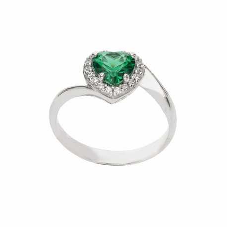 18K baltā zelta gredzens ar zaļu sirds akmeni un baltiem cirkoniem