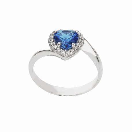 18K baltā zelta gredzens ar zilu sirds akmeni un baltiem cirkoniem