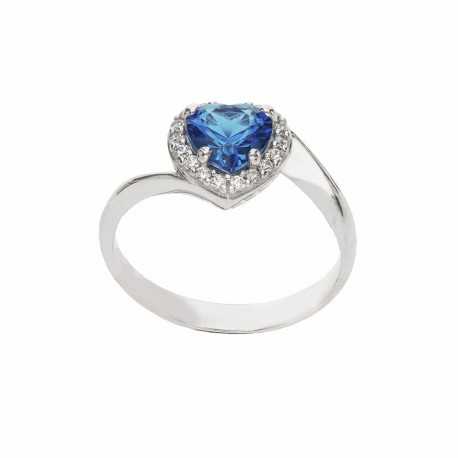 Inel din aur alb de 18K cu piatră inimă albastră și zirconii albe