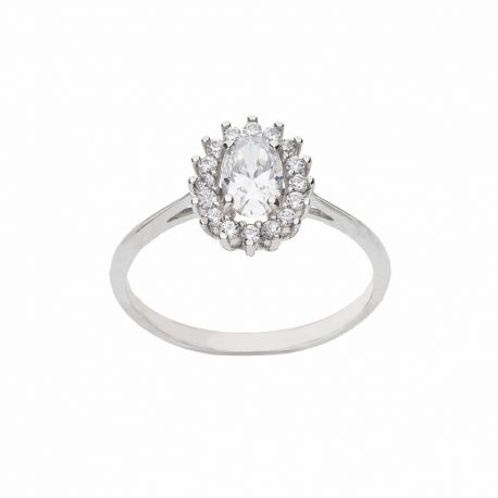 Кольцо из белого золота 18 карат с овальным центральным камнем и белыми цирконами