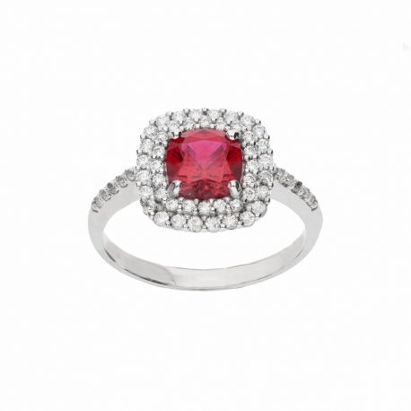 18K witgouden ring met rode steen en witte zirkonen