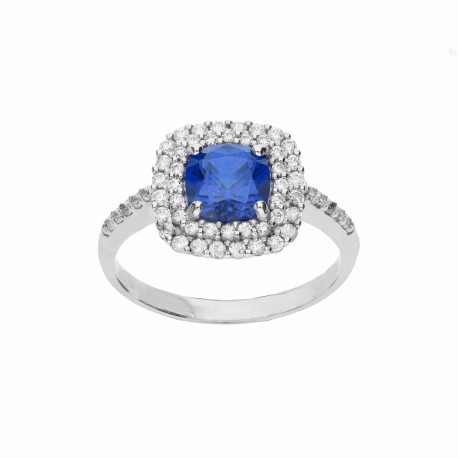 18K witgouden ring met blauwe steen en witte zirkonen