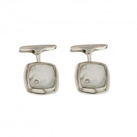 White gold 18k 750/1000 with diamonds and mother of pearl man square cufflinks