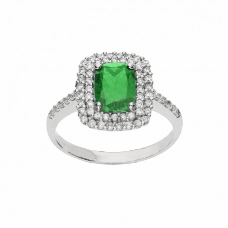 Prsten z 18K bílého zlata se zeleným kamenem a bílými zirkony