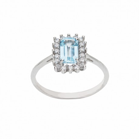 18K balto aukso žiedas su mėlynu akmeniu ir baltais cirkoniais