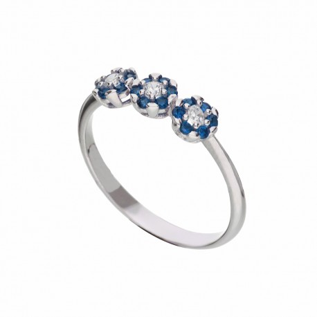 18 karátos fehérarany gyűrű három kék és fehér cirkon virággal