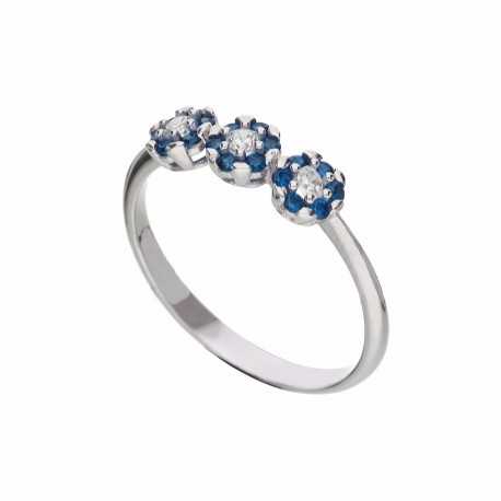 Inel din aur alb de 18K cu trei flori de zirconiu albastru și alb
