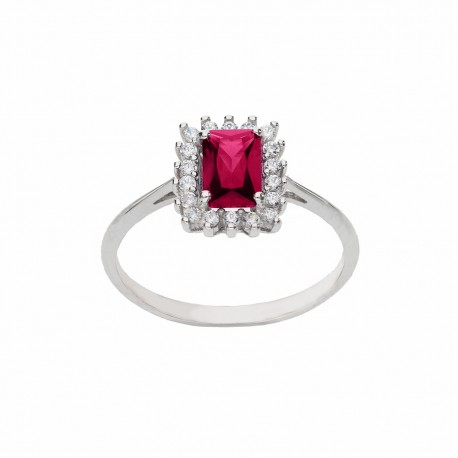 White Gold 18k with Red Stone and White Zirconia Ring