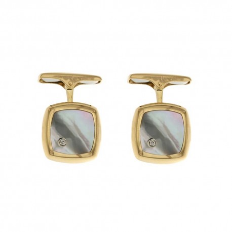 Yellow gold 18k 750/1000 with diamonds and mother of pearl man square cufflinks