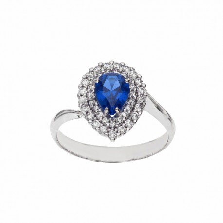 18K witgouden ring met druppel witte zirkonen en blauwe steen
