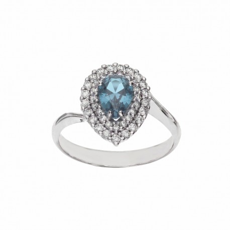White Gold 18k with White Cubic Zirconia and Light Blue Stone Drop Ring