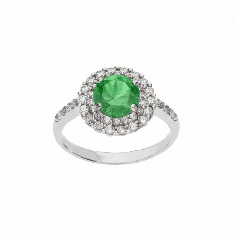 18K witgouden ring met groene steen en witte zirkonen