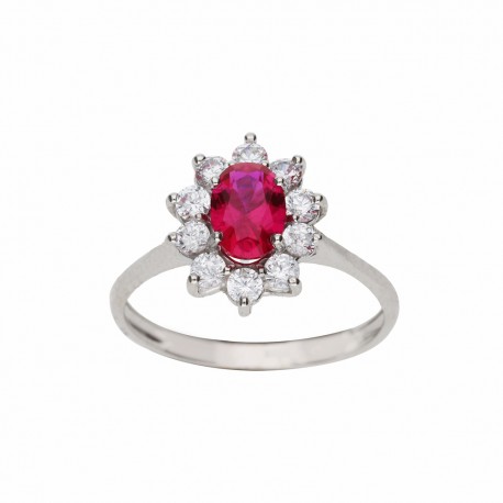 White Gold 18k with White Cubic Zirconia and Red stone Woman Ring