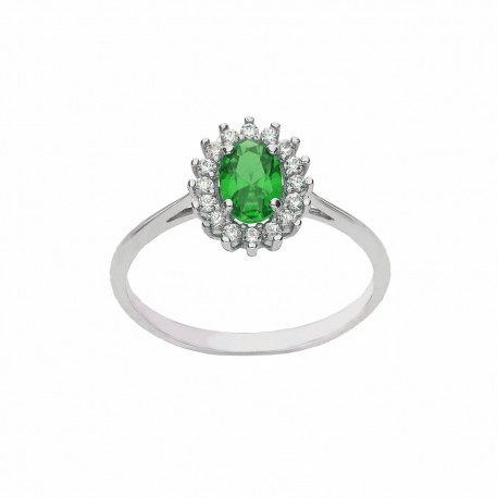 Prsten od 18K bijelog zlata sa zelenim ovalnim središnjim kamenom i bijelim cirkonima