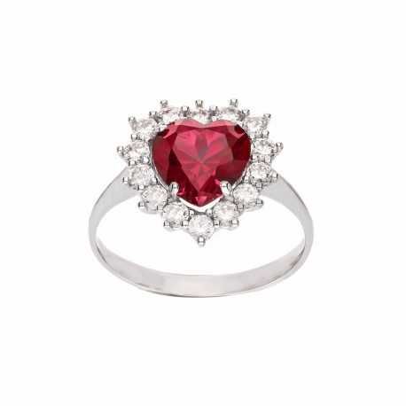 18K balto aukso žiedas su raudonu širdies akmeniu ir baltais cirkoniais