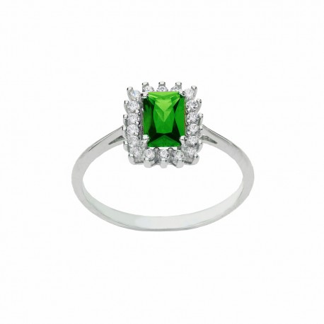 18K balto aukso žiedas su žaliu akmeniu ir baltais cirkoniais