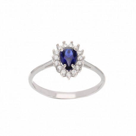 White Gold 18k with White Cubic Zirconia and Blue Stone Drop Ring