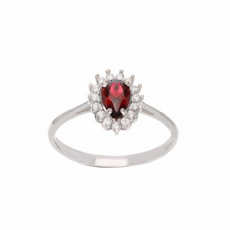 White Gold 18k with White Cubic Zirconia and Red Stone Drop Ring