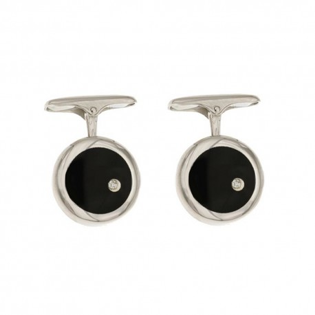White gold 18k 750/1000 with diamonds and black onyx man rounds cufflinks