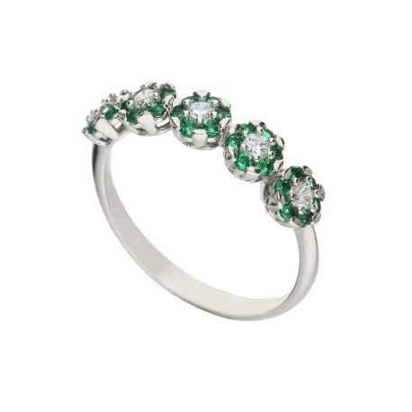 Prsten z 18K bílého zlata se zelenými a bílými zirkonovými květy