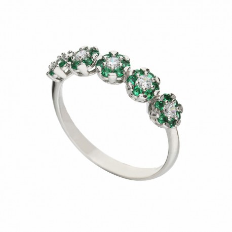 White Gold 18k with White and Green Cubic Zirconia Flowers Woman Ring