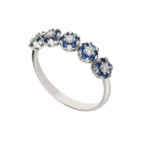 White Gold 18k with White and Blue Cubic Zirconia Flowers Woman Ring