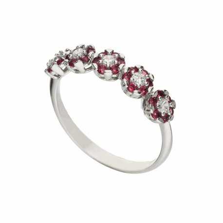 White Gold 18k with White and Red Cubic Zirconia Flowers Woman Ring