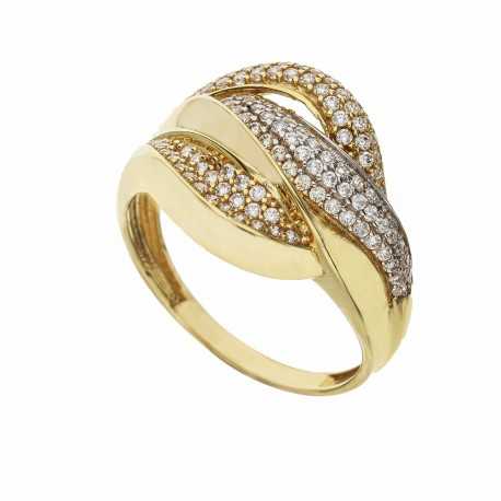 Женское кольцо из белого и желтого золота 18 карат с белыми цирконами