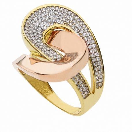 Bague pavée en or jaune et rose 18 carats avec zircons blancs pour femme