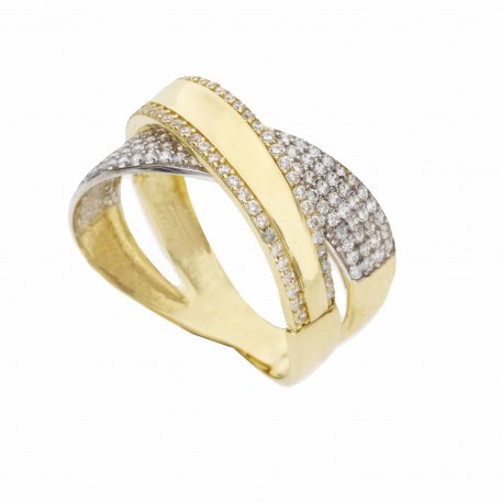 Πλακόστρωτο δαχτυλίδι σε λευκό και κίτρινο χρυσό 18 καρατίων με λευκά ζιργκόν για γυναίκες