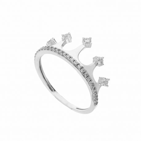 Anillo Corona en Oro Blanco de 18K con Circonitas Blancas para Mujer