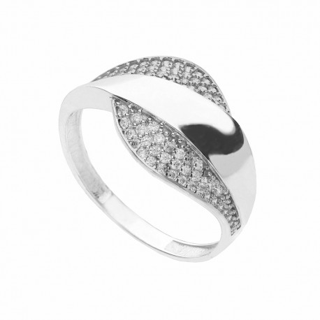 Поплочани прстен од 18К белог злата са белим цирконима за жене
