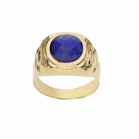 Anel de escudo em ouro amarelo 18K e pedra azul para homens