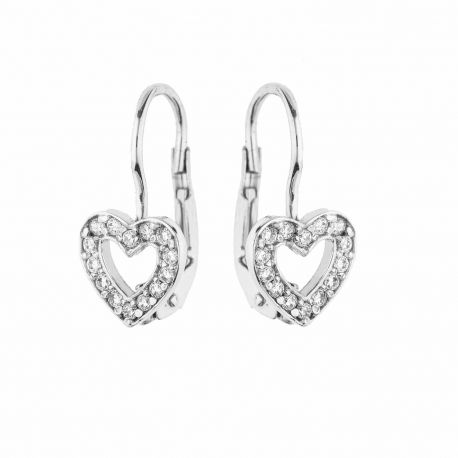Orecchini con Cuori in Oro Bianco 18 Carati e Zirconi Bianchi