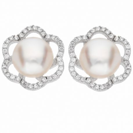 Boucles d'oreilles fleur en or blanc 18 carats avec zircons blancs et perles