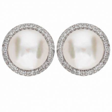 Brincos em ouro branco 18K com zircões brancos e pérolas