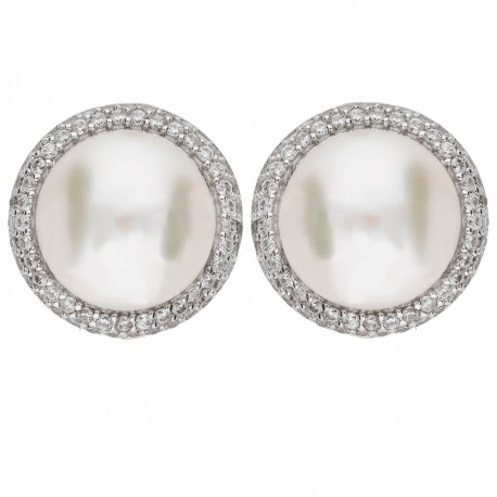 Pendientes de Oro Blanco de 18K con Circonitas Blancas y Perlas