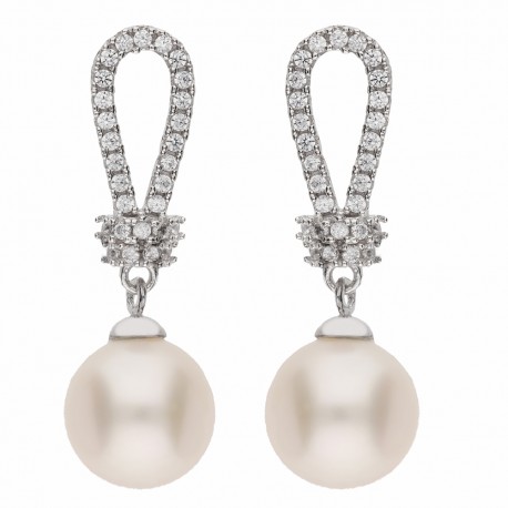 Boucles d'oreilles en or blanc 18 carats avec zircons blancs et perles