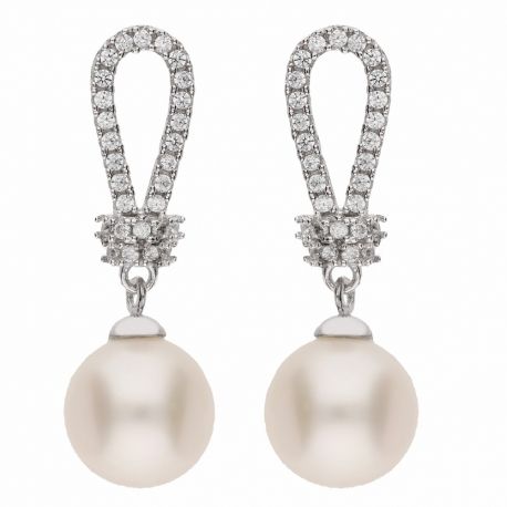 Brincos em ouro branco 18K com zircões brancos e pérolas
