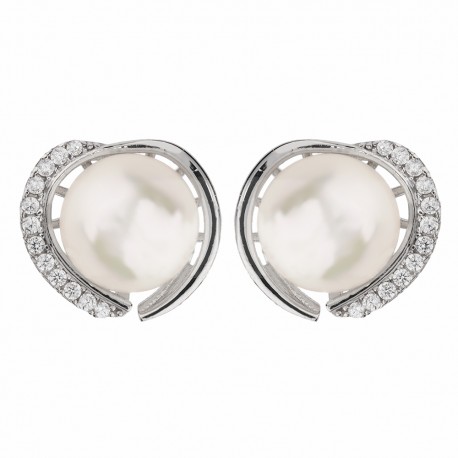 Boucles d'oreilles en or blanc 18 carats avec zircons blancs et perles
