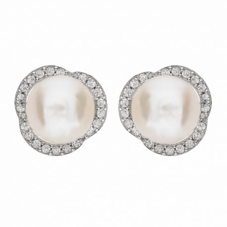 18K balto aukso auskarai su baltais cirkoniais ir perlais