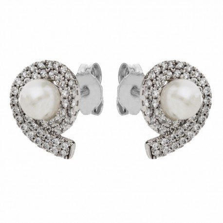 18 K hvidguld øreringe med hvide zirkoner og perler