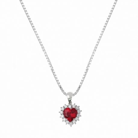 Collana in Oro Bianco 18 Carati con Cuore Pendente di Zirconi Bianchi e Rossi da Donna
