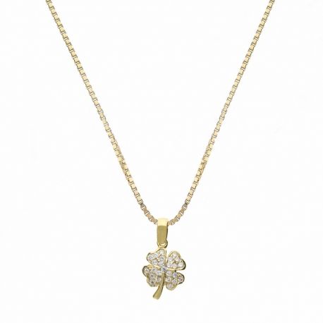 Collier en or jaune 18 carats avec trèfle à quatre feuilles et zircons blancs pour femme