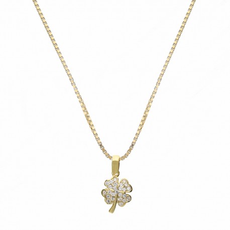 Dámský náhrdelník ze žlutého 18K zlata se čtyřlístkem s bílými zirkony