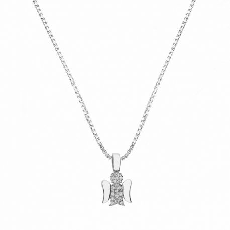 Collana in Oro Bianco 18 Carati con Angelo Pendente di Zirconi Bianchi da Donna