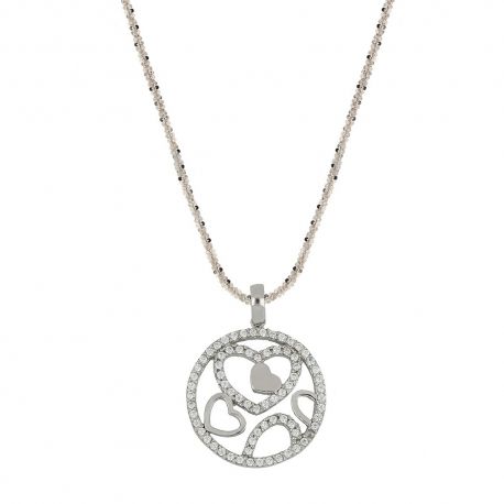 Colar jovem em ouro branco 18 Kt 750/1000, pingente redondo com corações e zircões para mulher