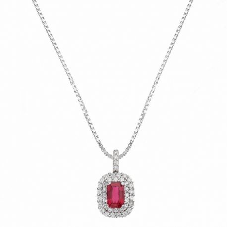 Collana in Oro Bianco 18 Carati con Pendente di Zirconi Bianchi e Rossi da Donna